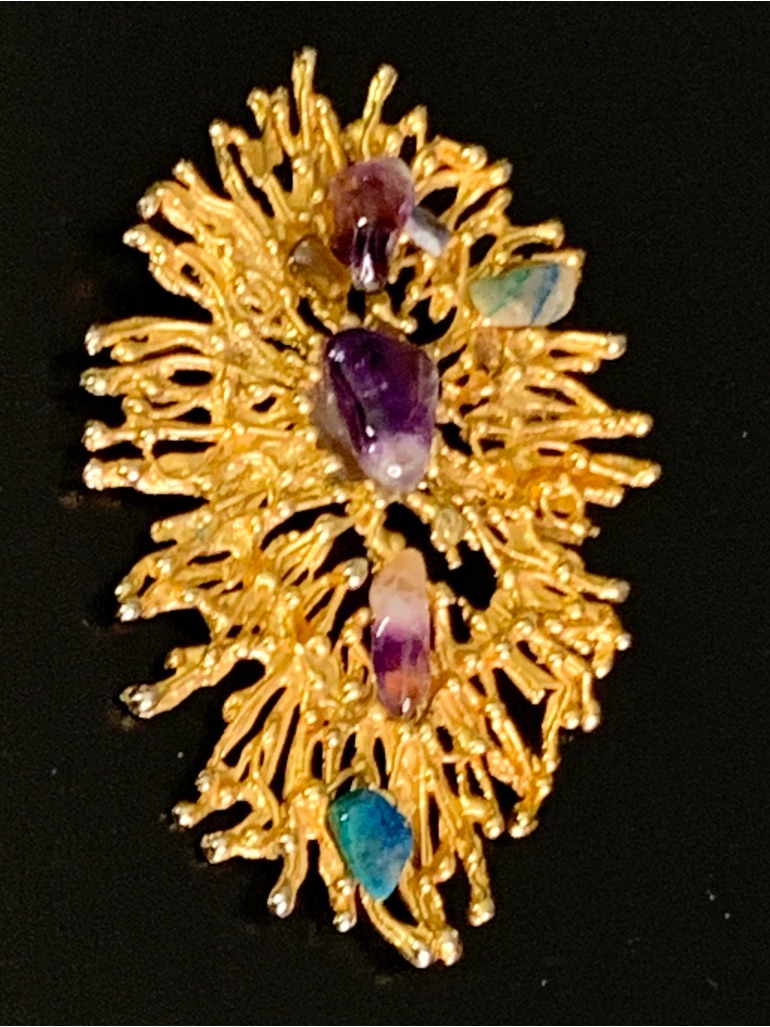 Kenneth Jay Lane Kjl Brutalist Brooch Pendant Natural Amethyst Gold Plated Huge